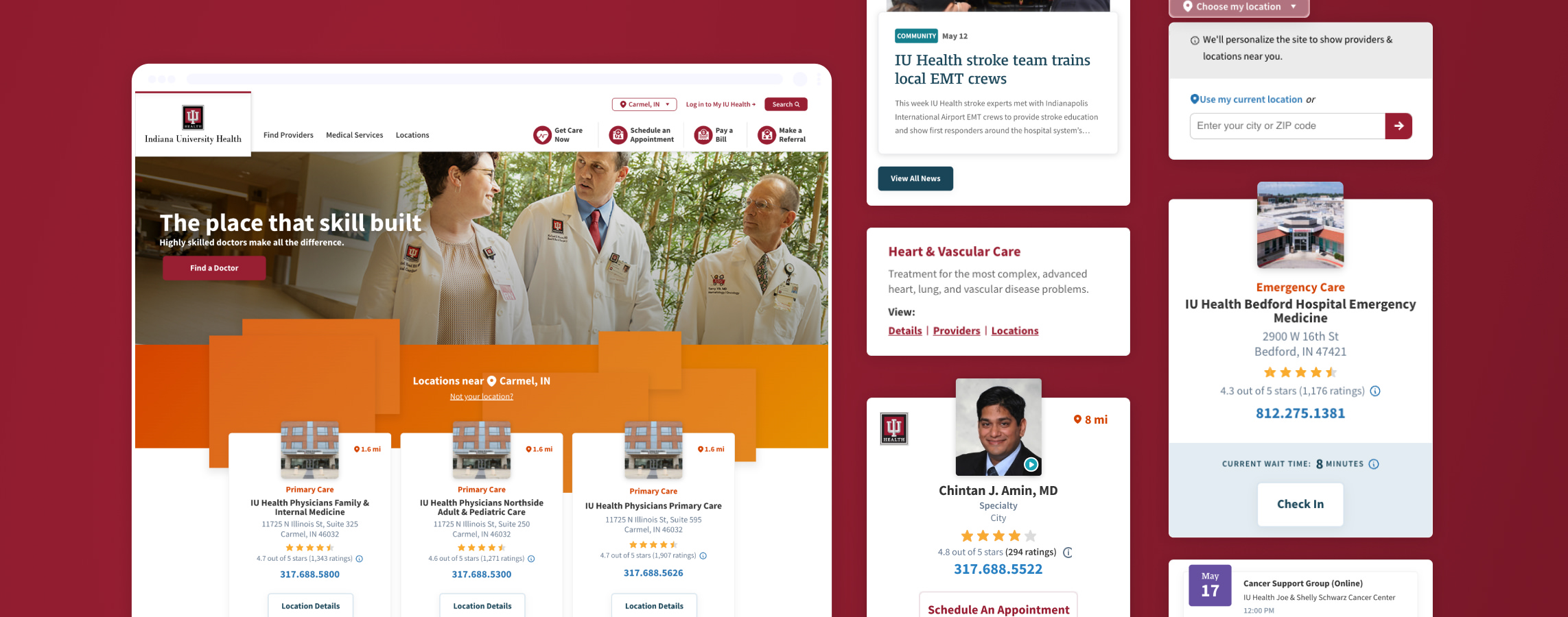 View of Homepage of IUHealth.org alongside several design components used across site.