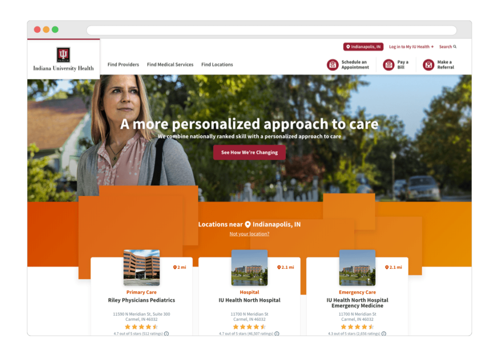 Screenshot of homepage for Indiana University Health website.